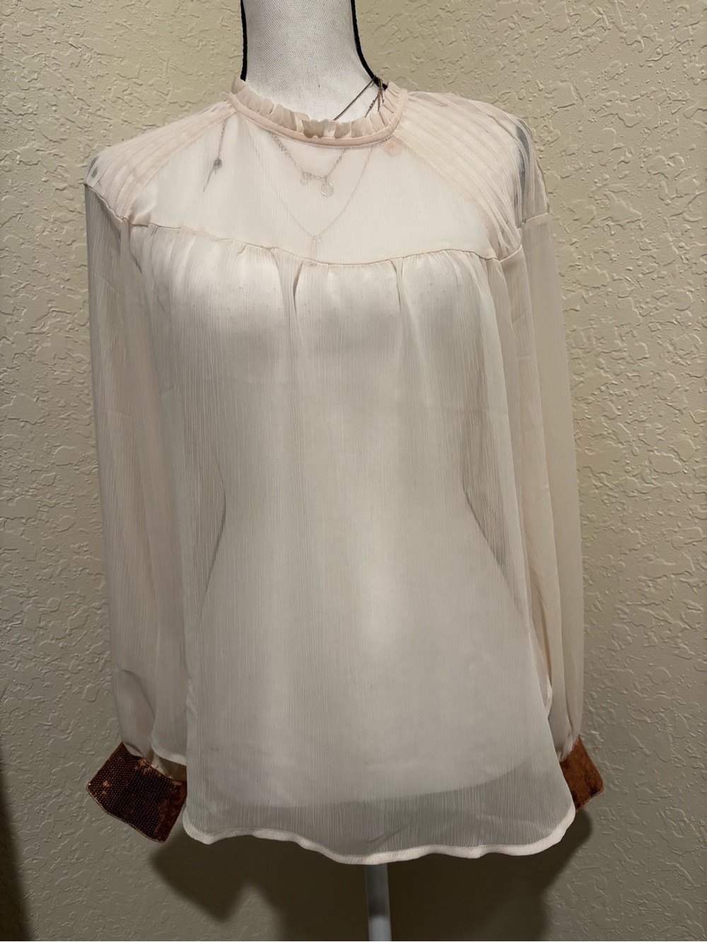 Fairycore Sheer Cream Mesh
Blouse w/ Bronze Sequin French Cuffs Sparkly Romantic